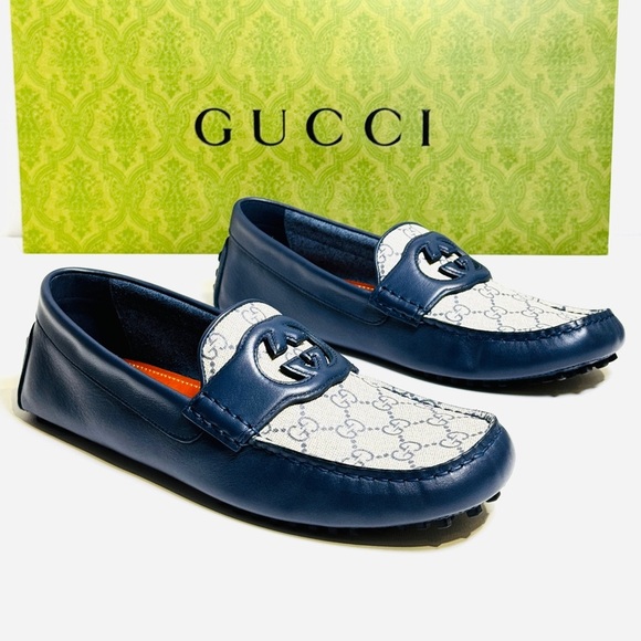 Gucci Interlocking G Driver Loafers Blue Classic Double G Canvas Size 10.5 NEW! - Picture 2 of 16